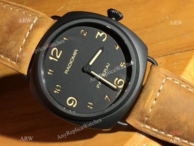 Radiomir Panerai Black Titanium Case Men Watch Brown Leather Strap